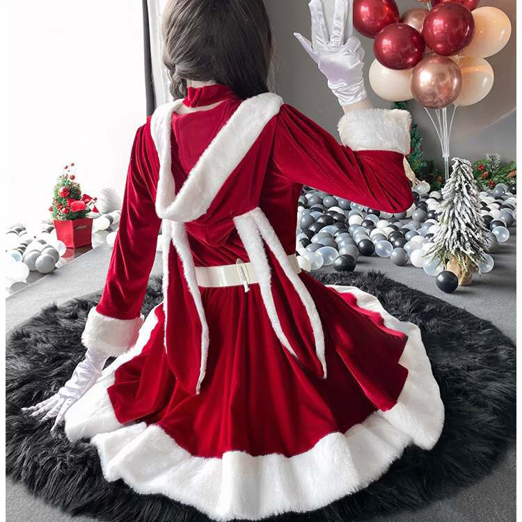 Bunny Ears Bow Knot Hooded Dress Set Christmas