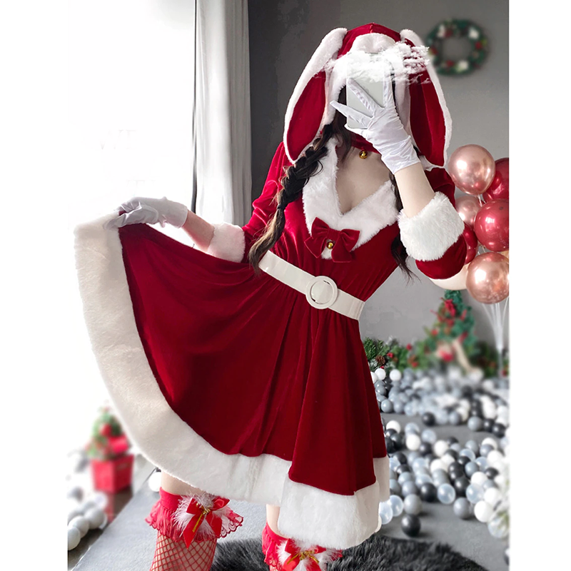 Bunny Ears Bow Knot Hooded Dress Set Christmas