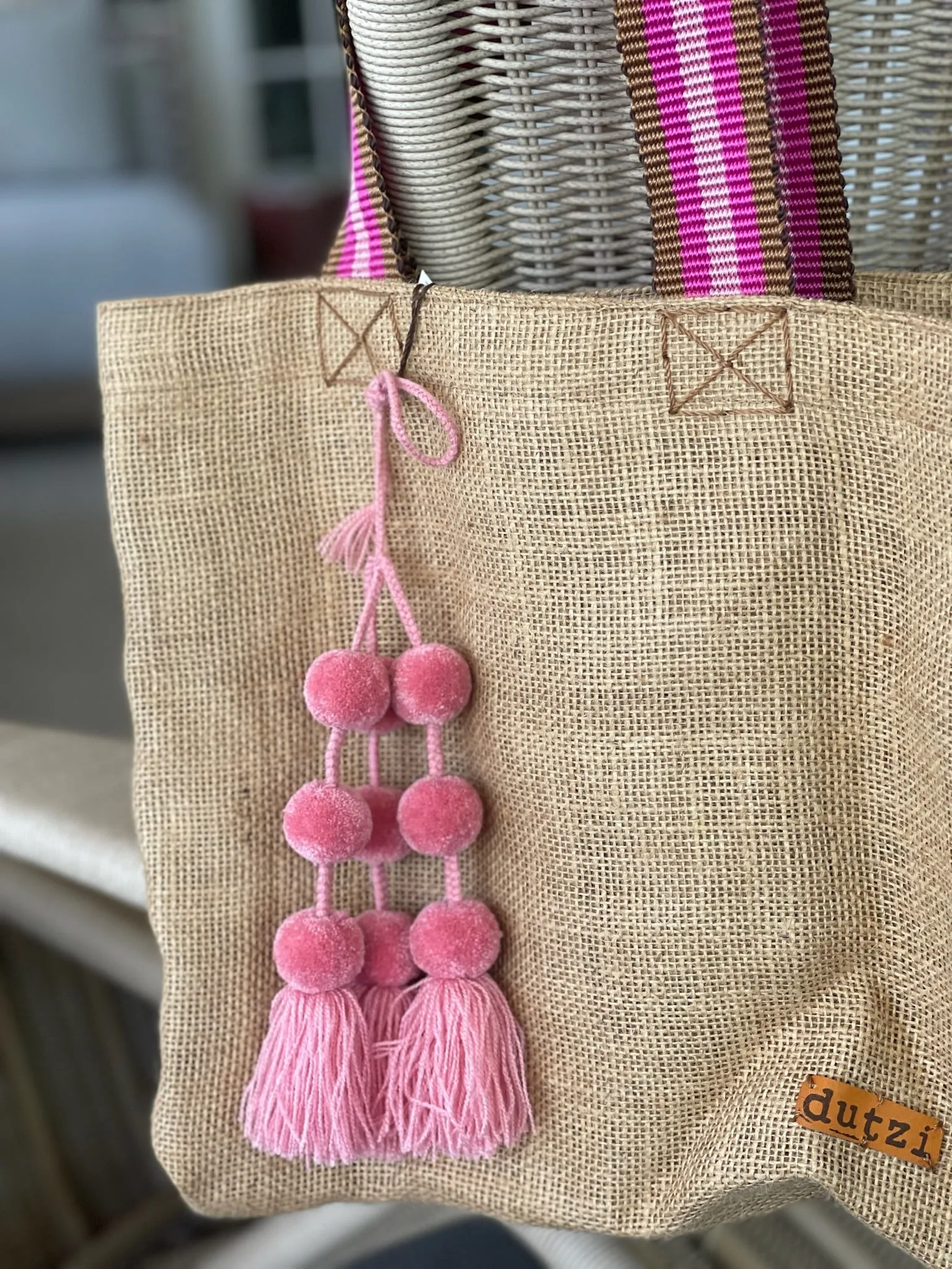 Dutzi Vintage Burlap Tote with pompom