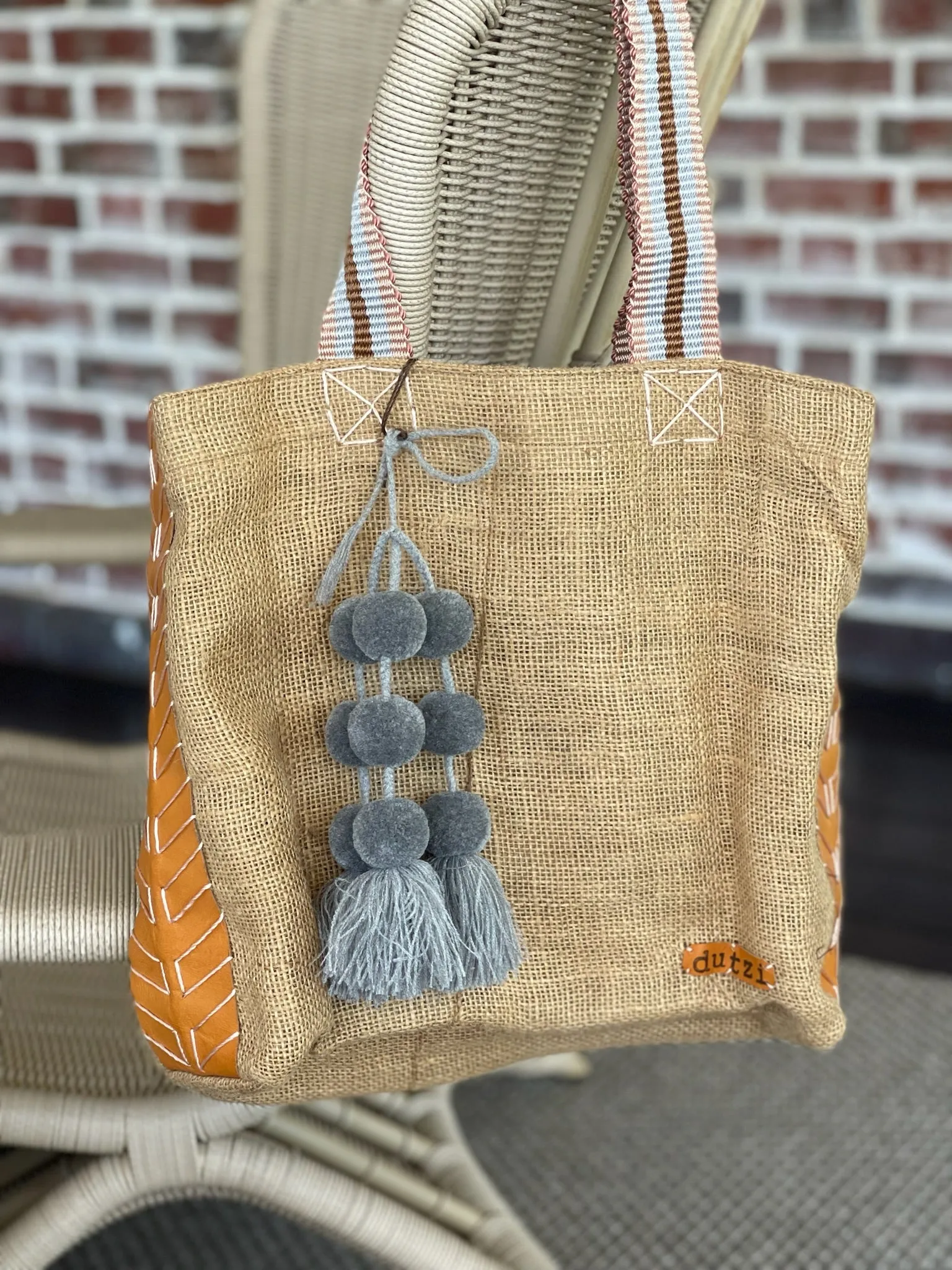 Dutzi Vintage Burlap Tote with pompom