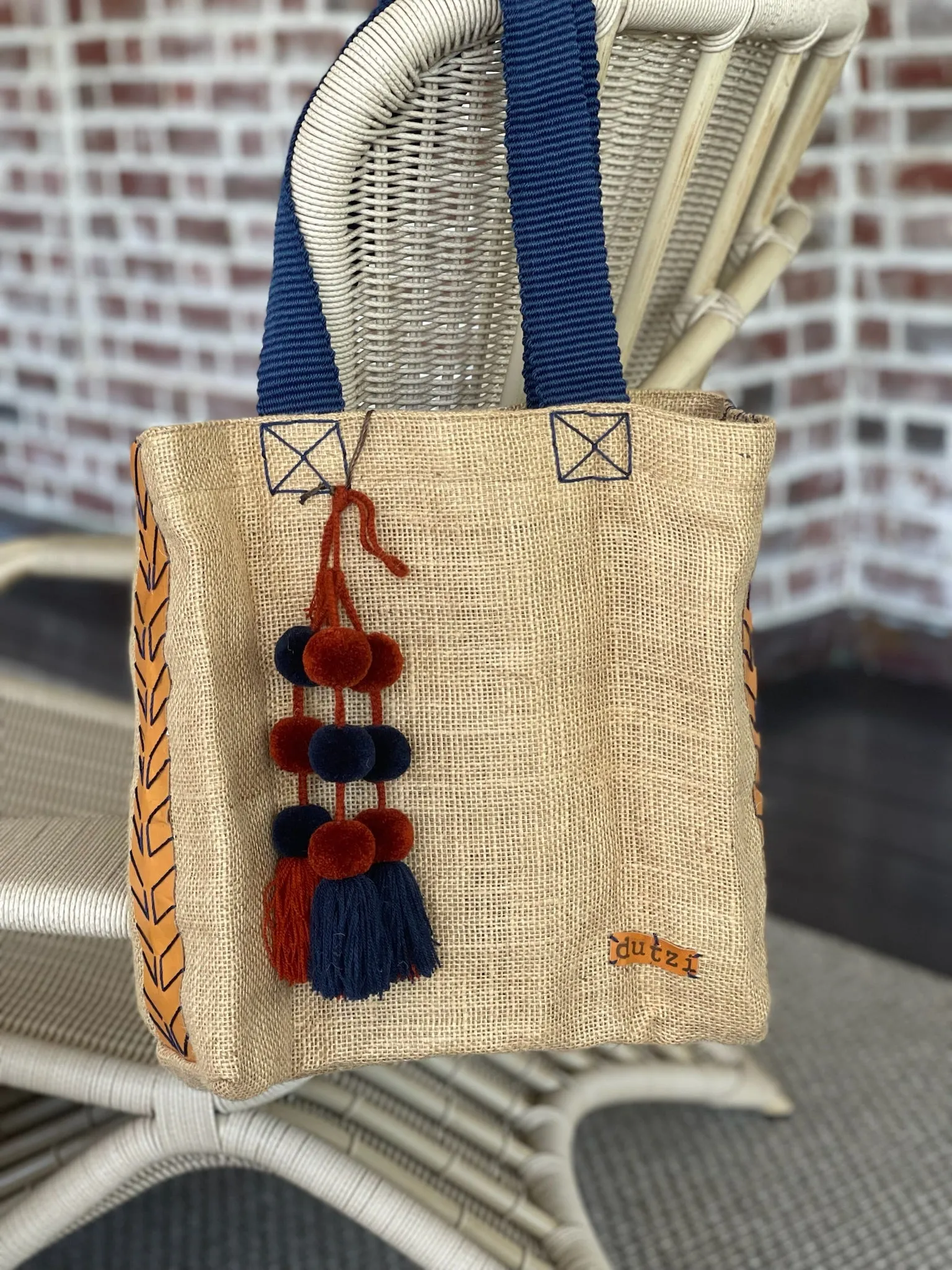 Dutzi Vintage Burlap Tote with pompom