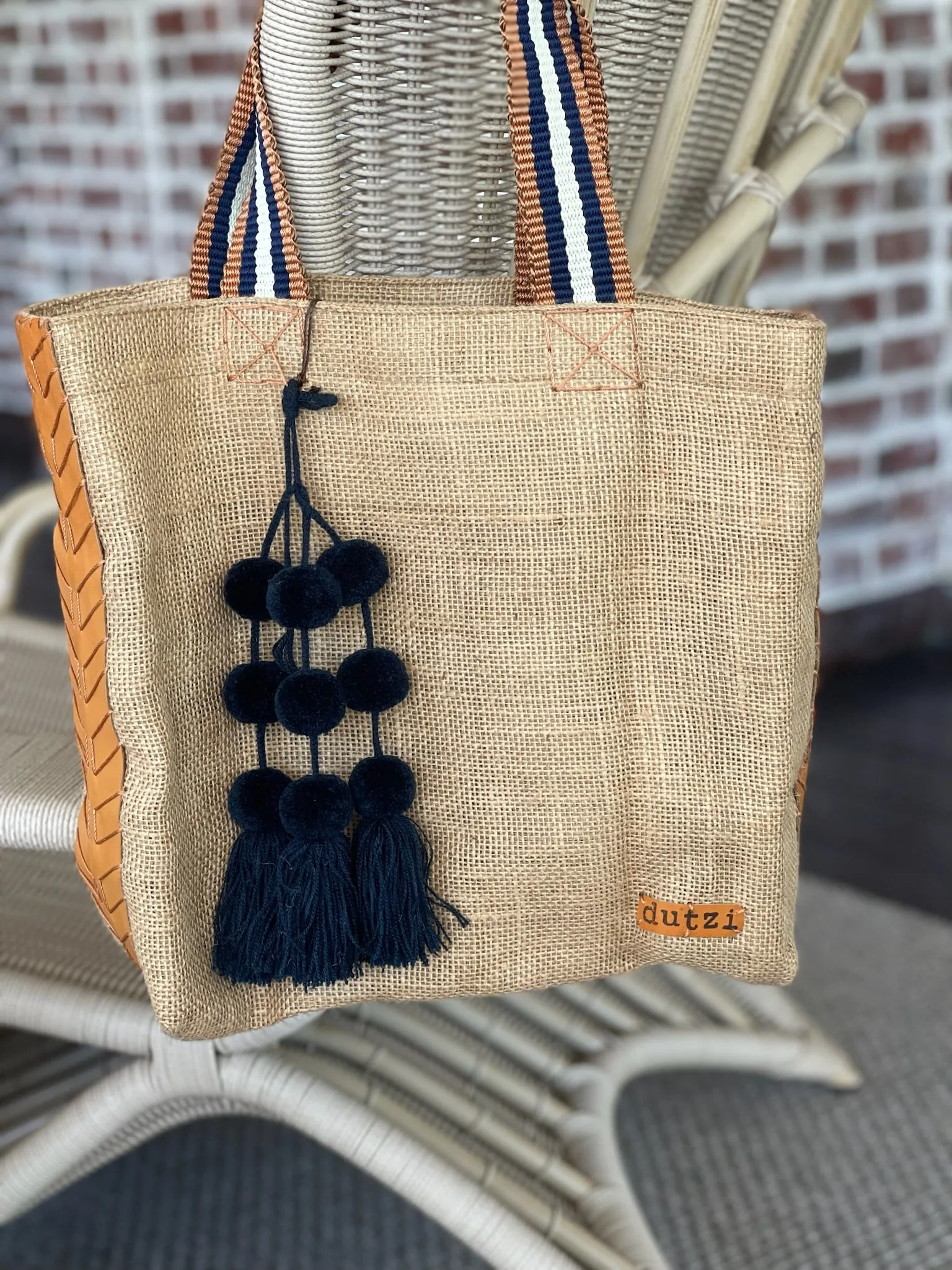 Dutzi Vintage Burlap Tote with pompom