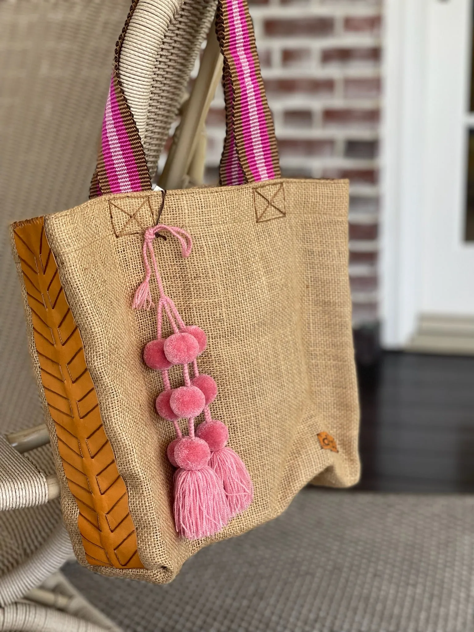 Dutzi Vintage Burlap Tote with pompom