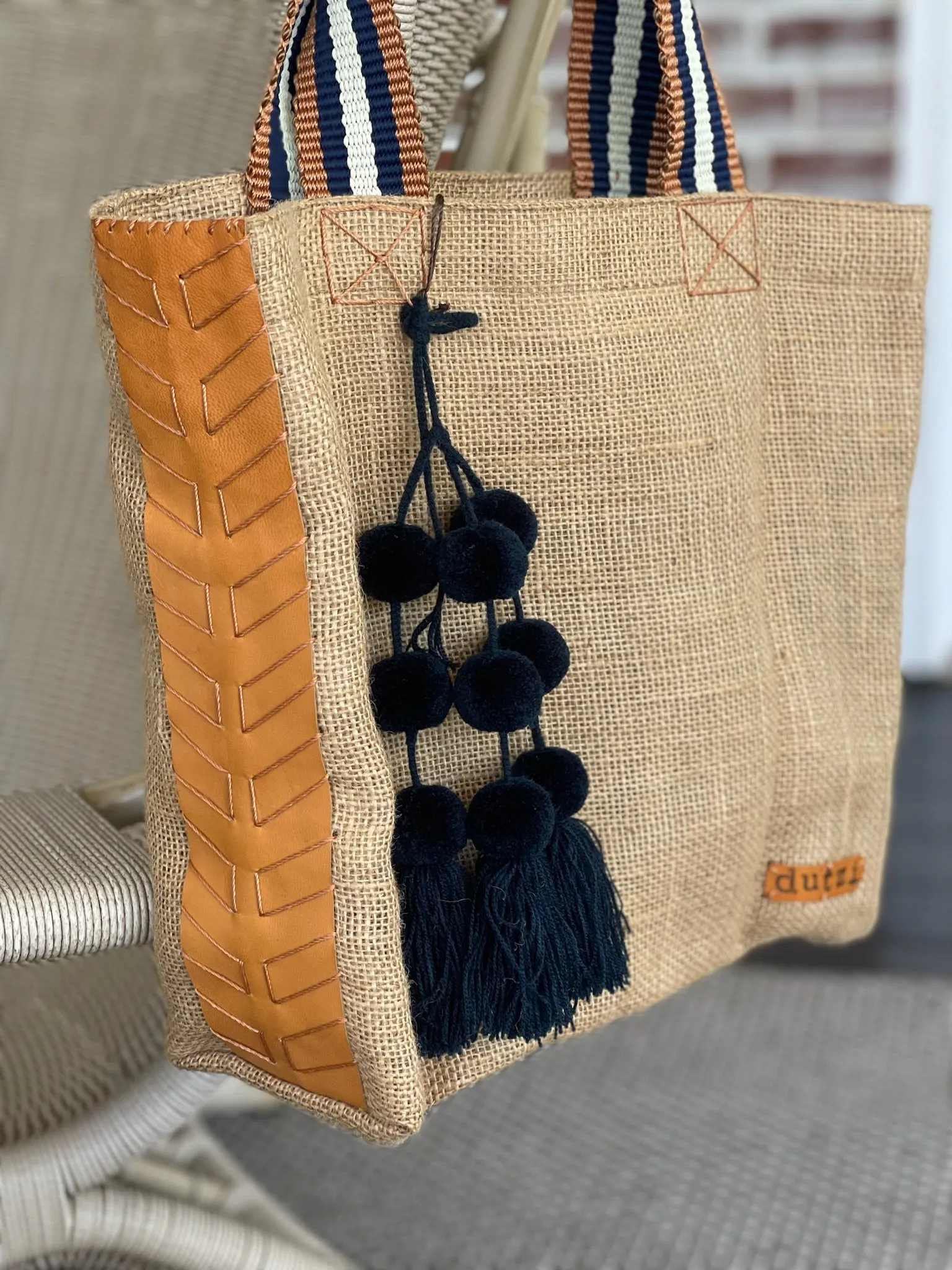 Dutzi Vintage Burlap Tote with pompom