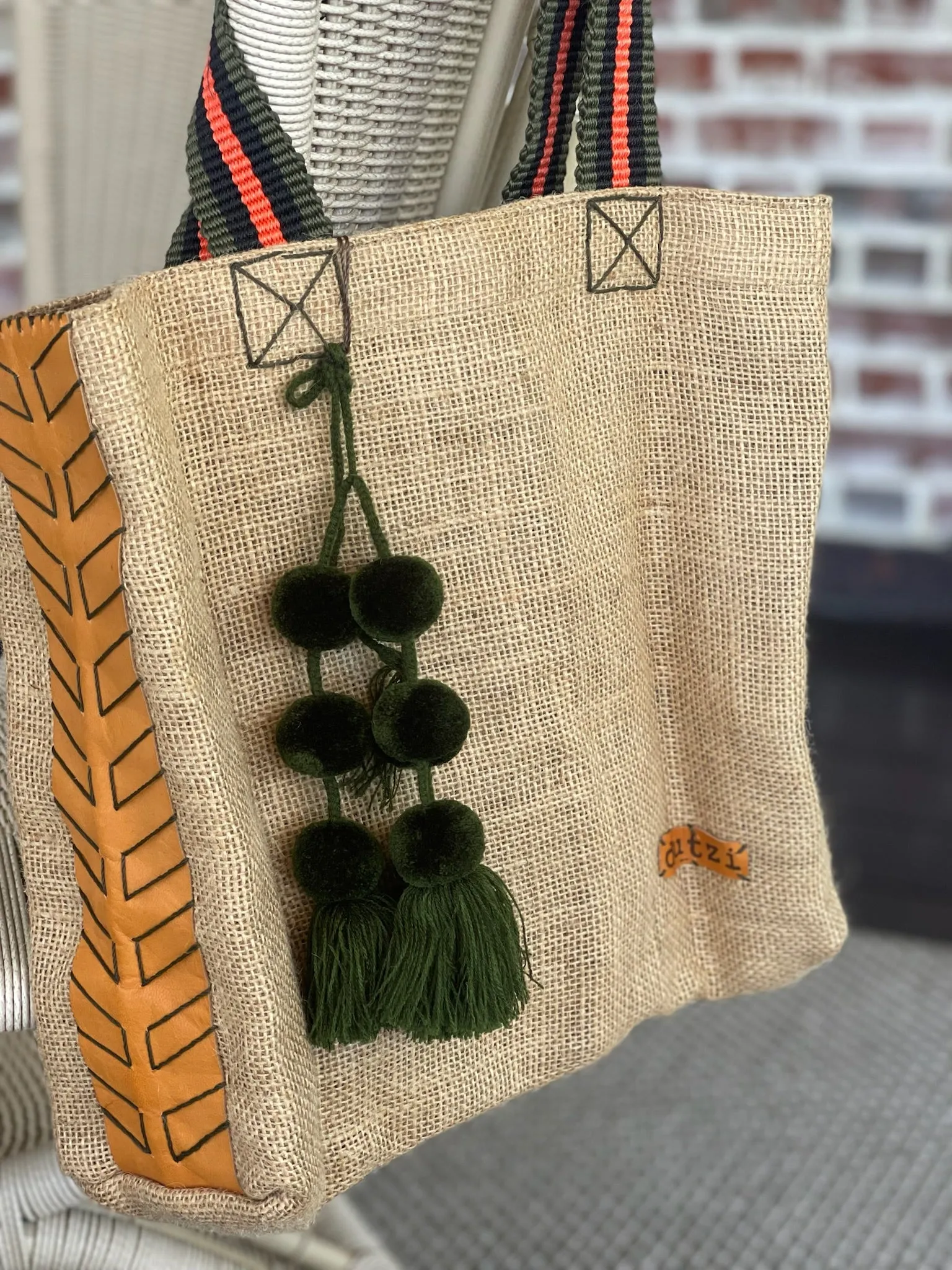 Dutzi Vintage Burlap Tote with pompom