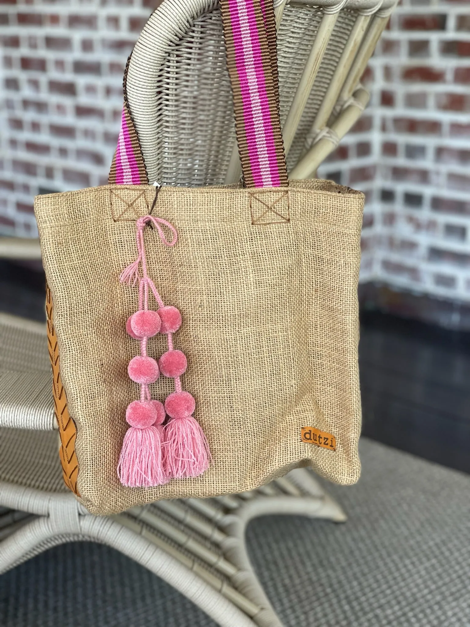 Dutzi Vintage Burlap Tote with pompom