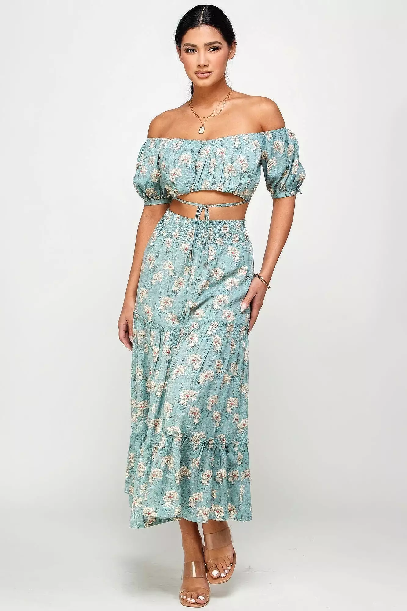 Floral Off Shoulder Sleeve Back Tie Top Skirt Set