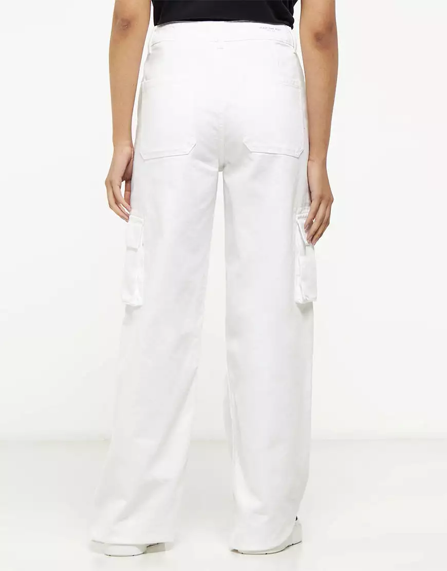 High Rise Wide Leg Cargo Jeans White