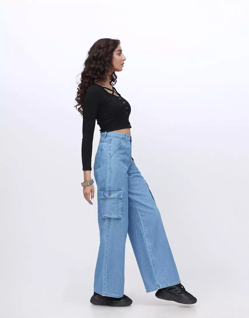 High Rise Wide Leg Cargo Medium Wash