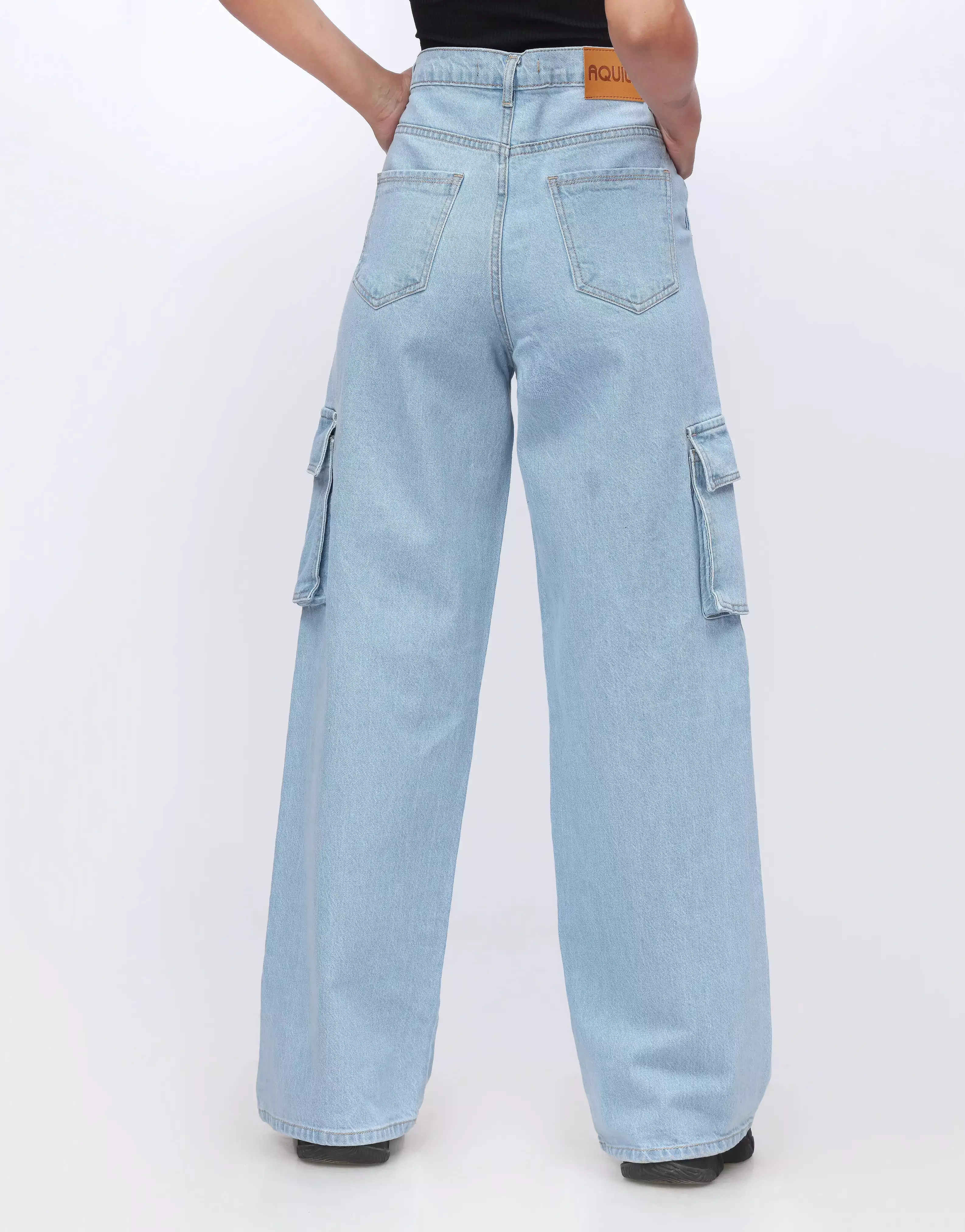 High Rise Wide Leg Flap Pocket Cargo Light Wash