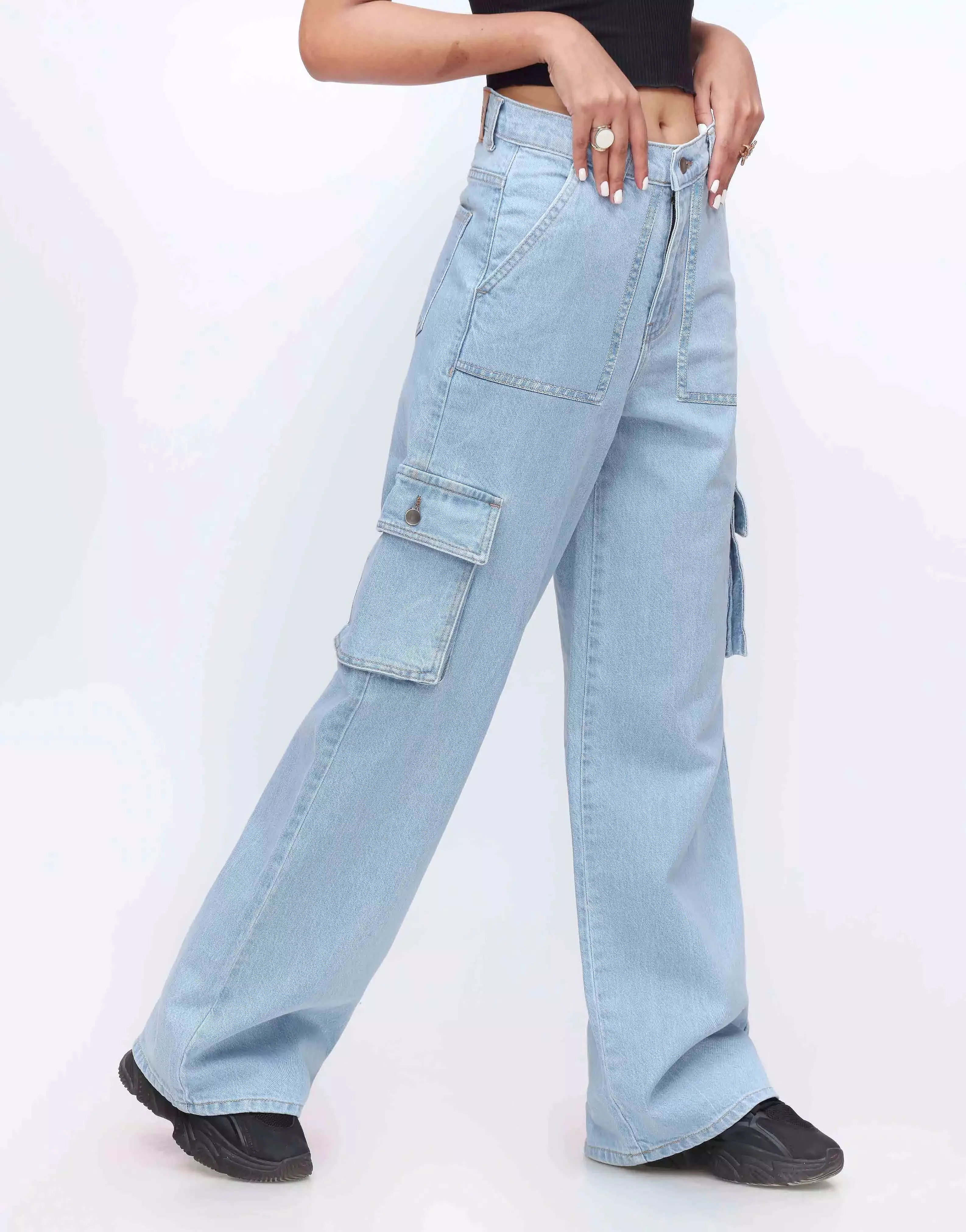 High Rise Wide Leg Flap Pocket Cargo Light Wash