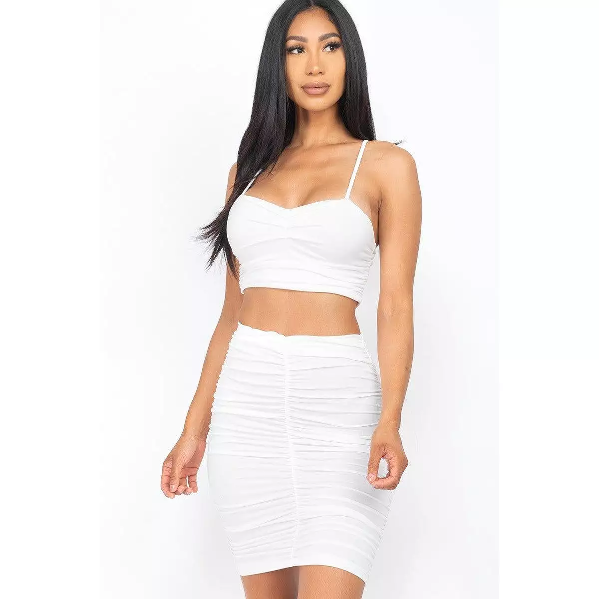 Ruched Crop Top And Skirt Sets