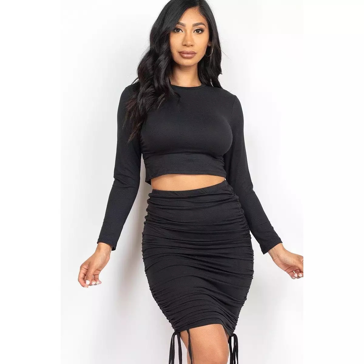 Ruched Side Crop Top & Drawstring Skirt Set