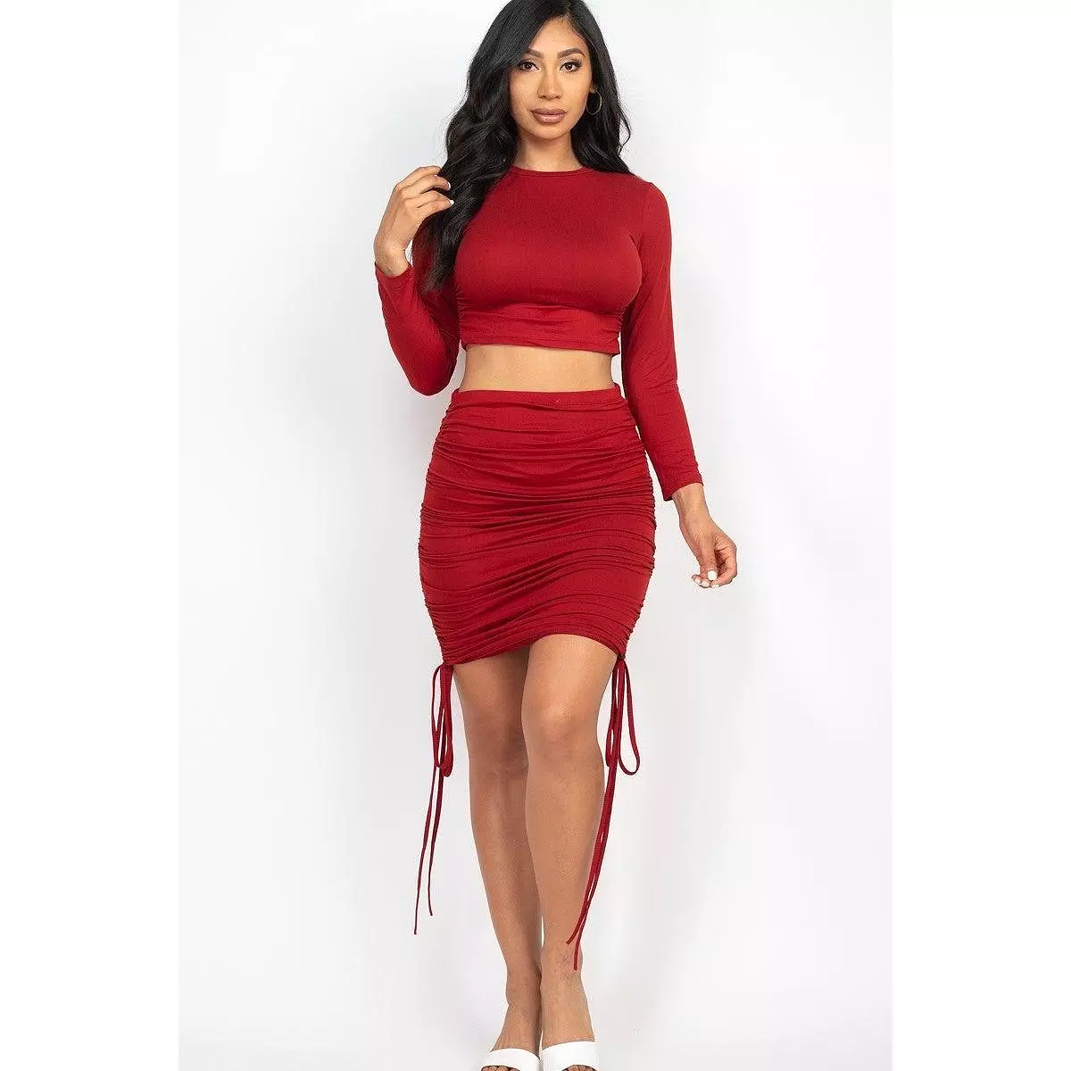 Ruched Side Crop Top & Drawstring Skirt Set