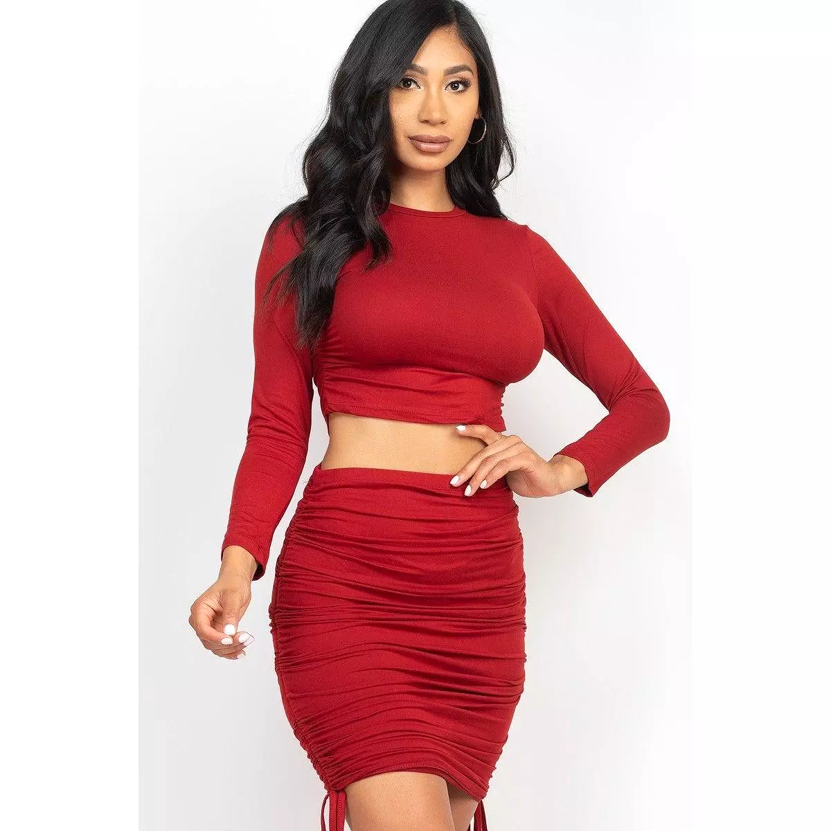 Ruched Side Crop Top & Drawstring Skirt Set