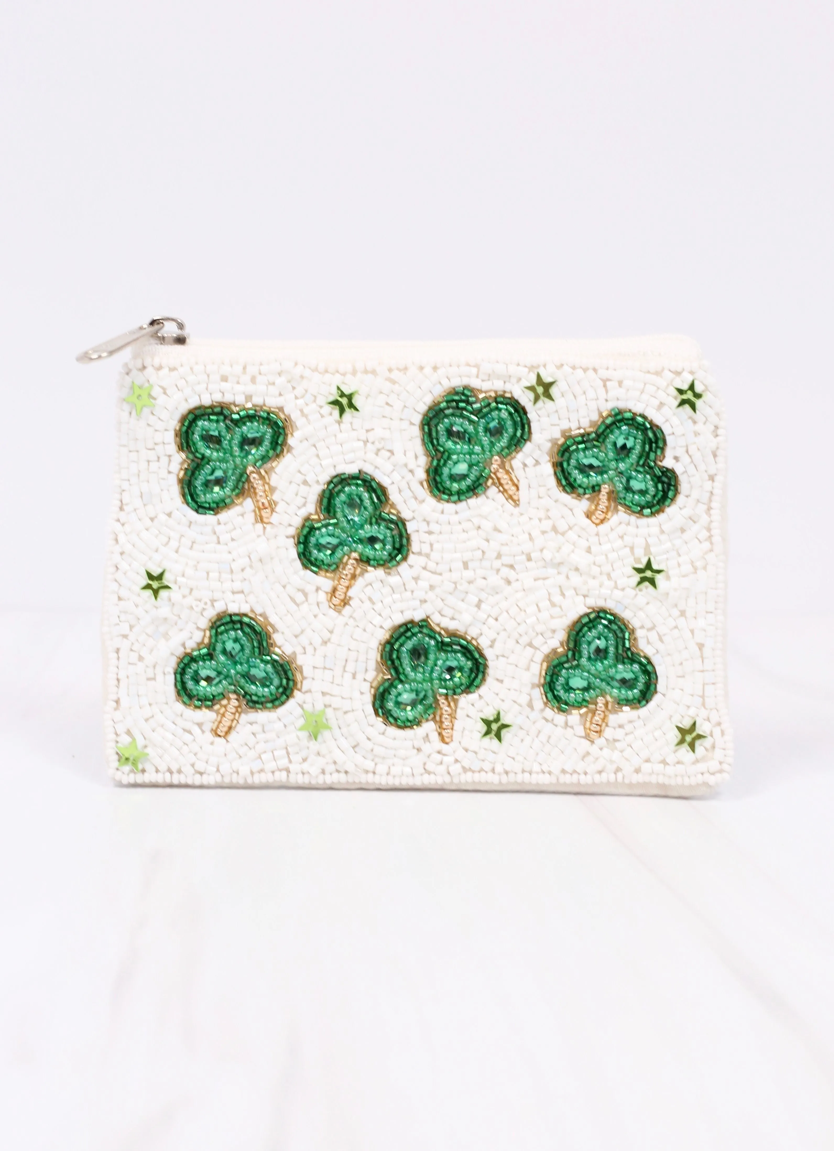 Shamrock Beaded Pouch WHITE