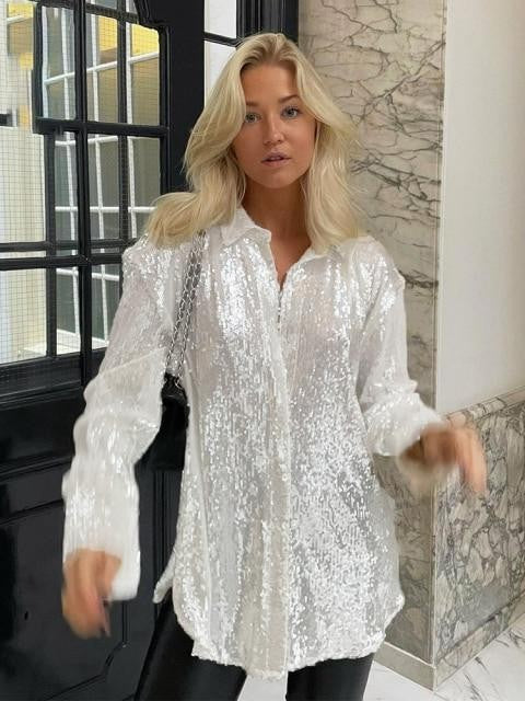 Shirt Dresses 2022 Spring Fashion Sequins Blouse Long Shirts Dresses