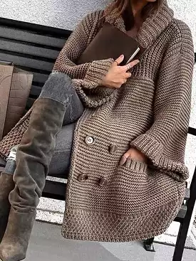 Stylish Brown Chunky Knit Cardigan with Shirt Collar