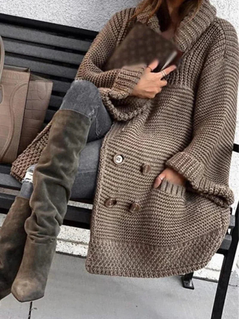 Stylish Brown Chunky Knit Cardigan with Shirt Collar