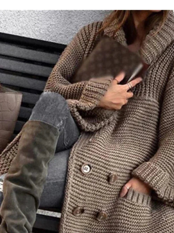 Stylish Brown Chunky Knit Cardigan with Shirt Collar