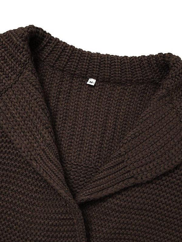 Stylish Brown Chunky Knit Cardigan with Shirt Collar