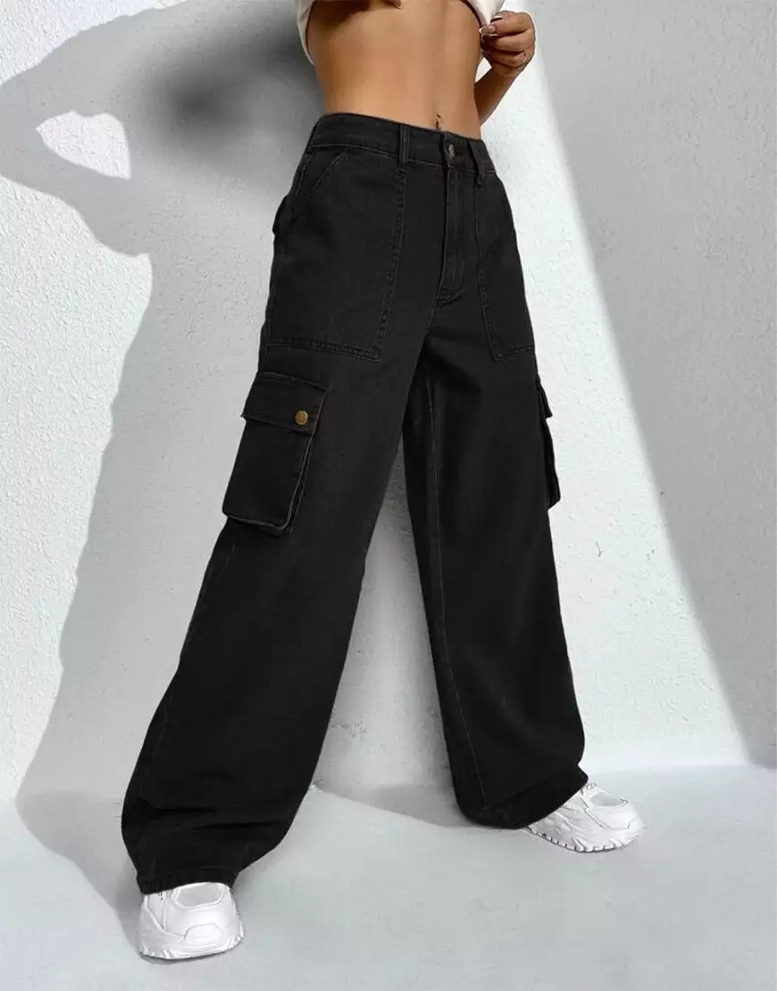 Super Wide Leg Cargo Flap Pocket Black