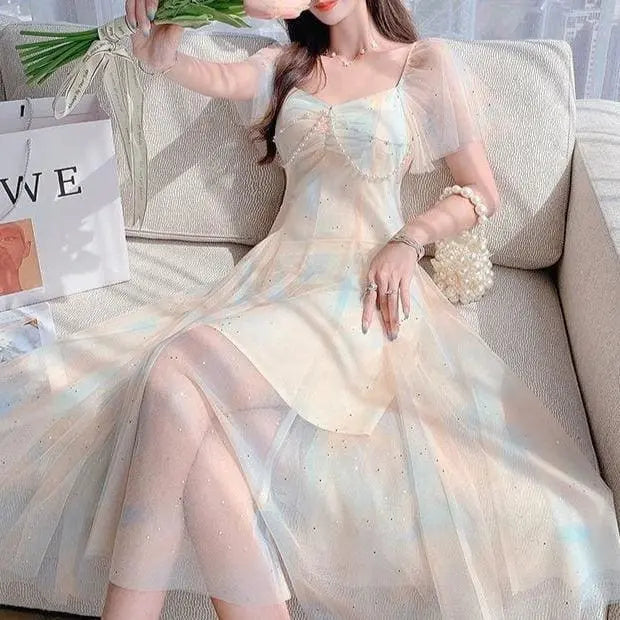 Sweet Pearls Blue Creamy Elegant Princess Sparkle Dress MK17658