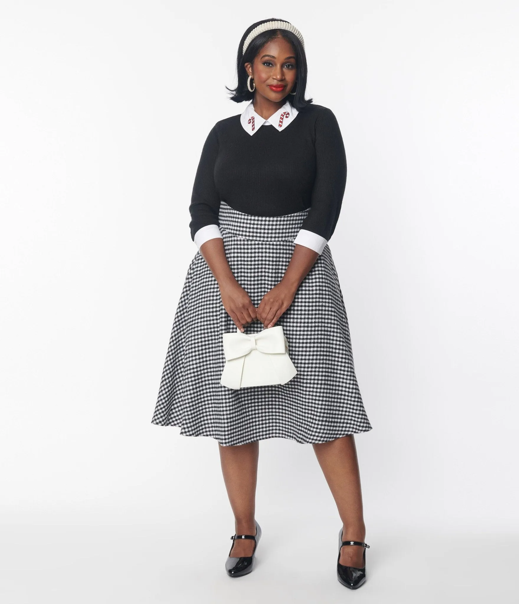 Unique Vintage Black & White Houndstooth High Waist Vivien Swing Skirt