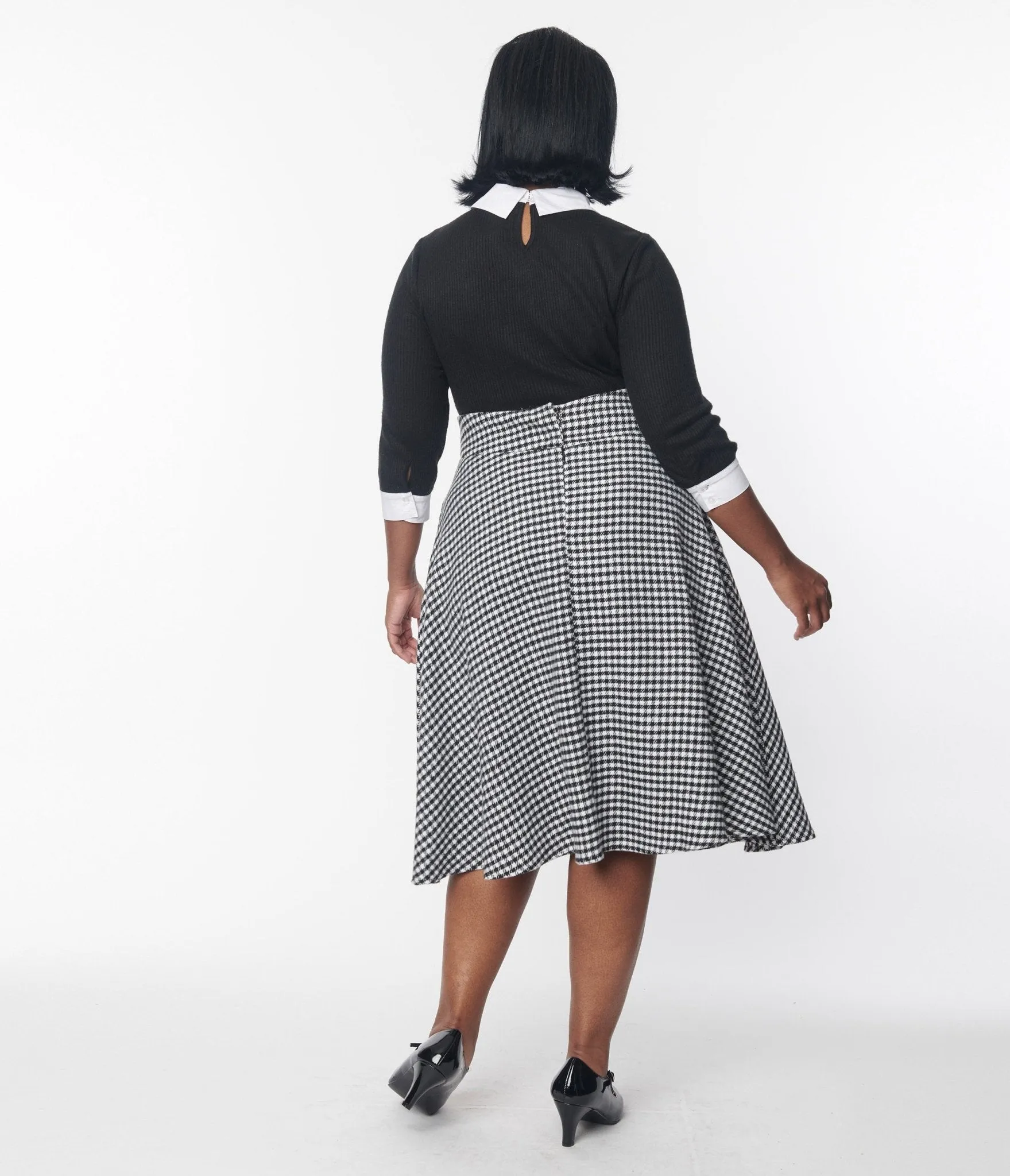 Unique Vintage Black & White Houndstooth High Waist Vivien Swing Skirt