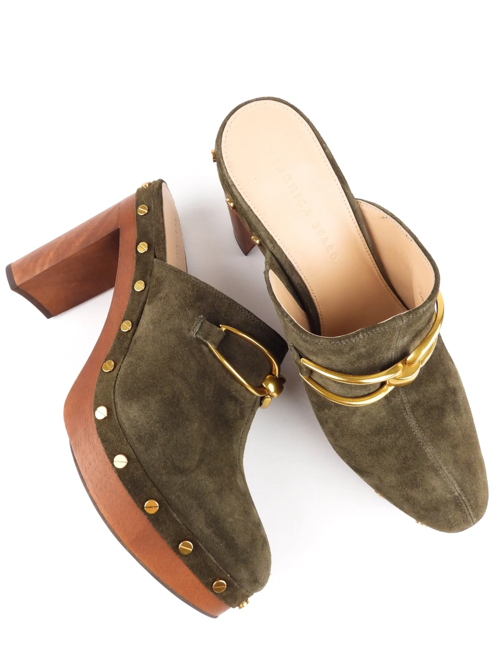 Veronica Beard Khaki Green Suede Leather and Wood Block Heel Clog Mules - 10