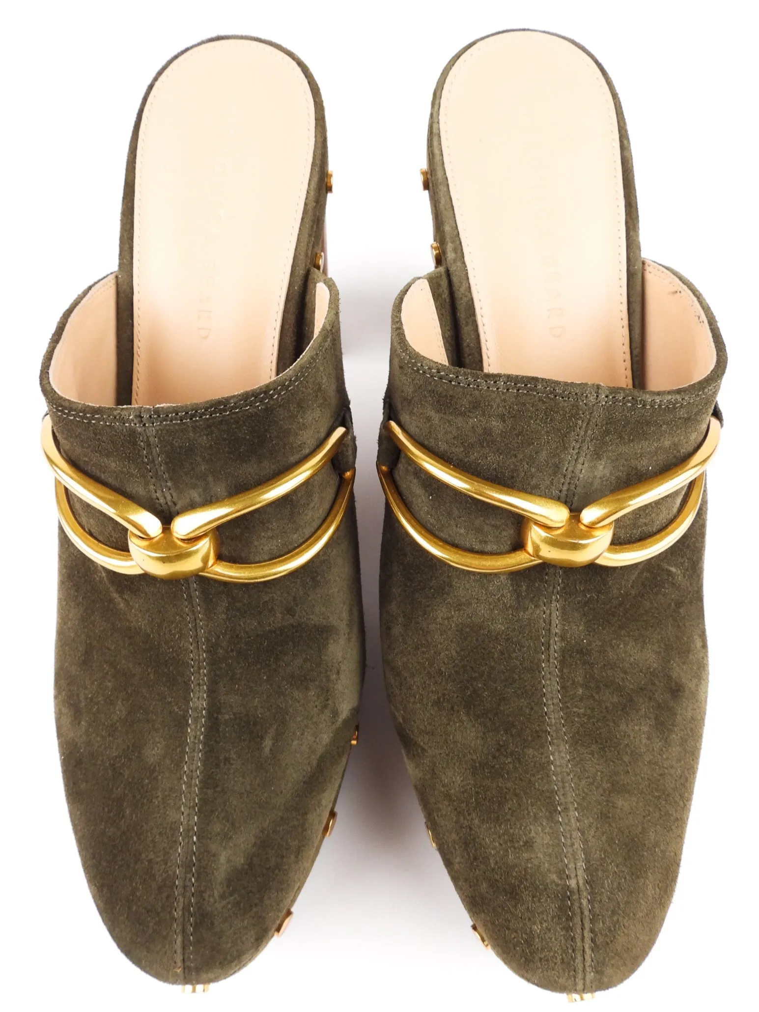 Veronica Beard Khaki Green Suede Leather and Wood Block Heel Clog Mules - 10