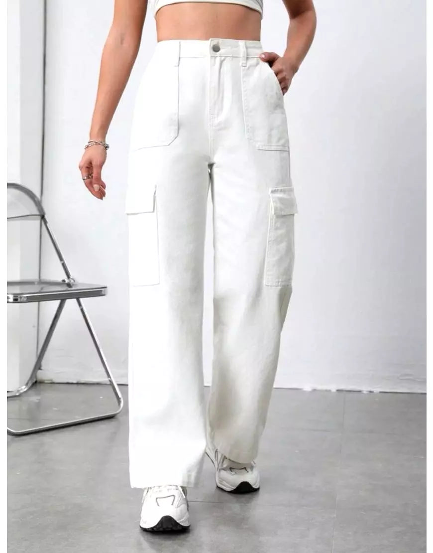 Wide Leg Flap Pocket Cargo White