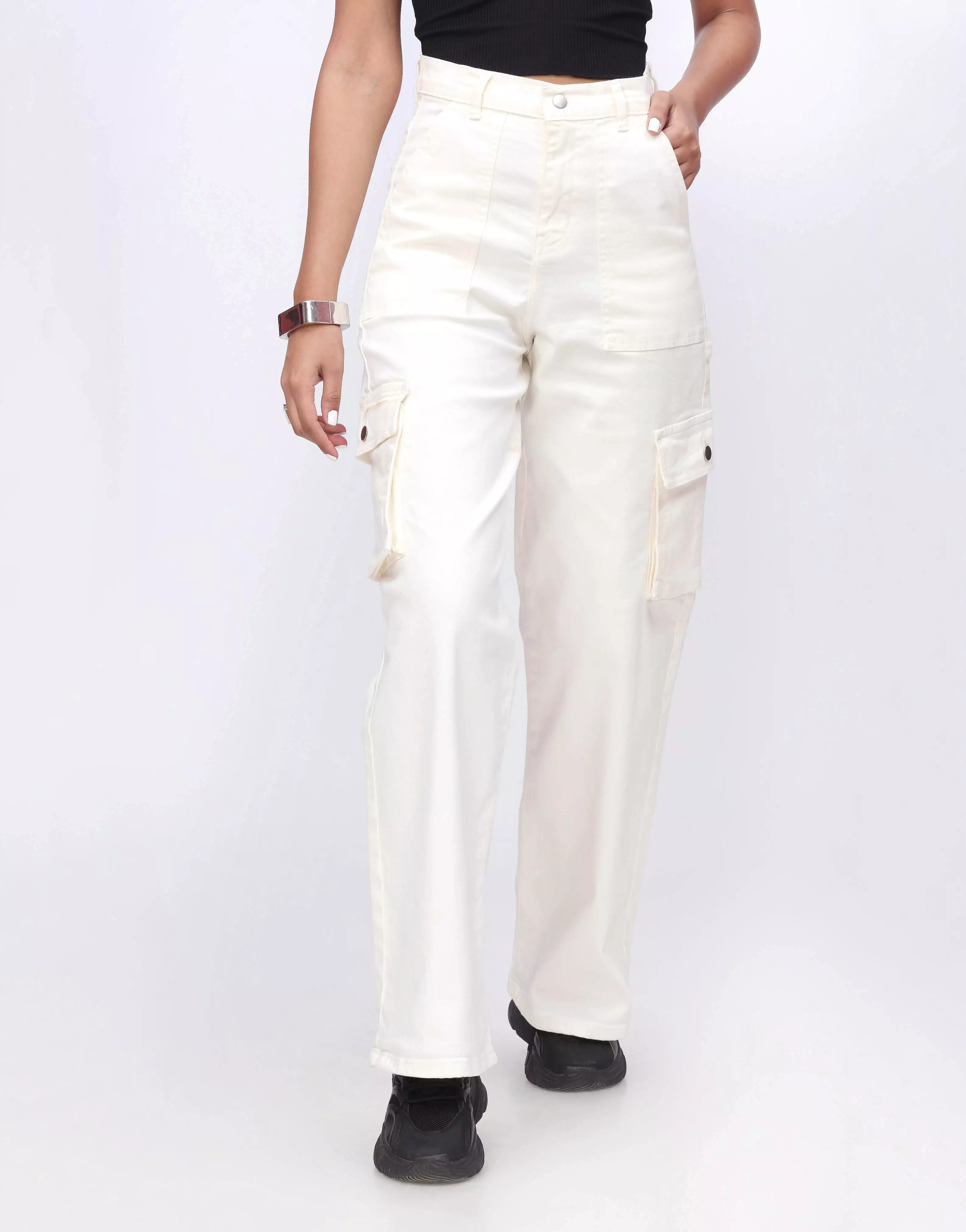 Wide Leg Flap Pocket Cargo White