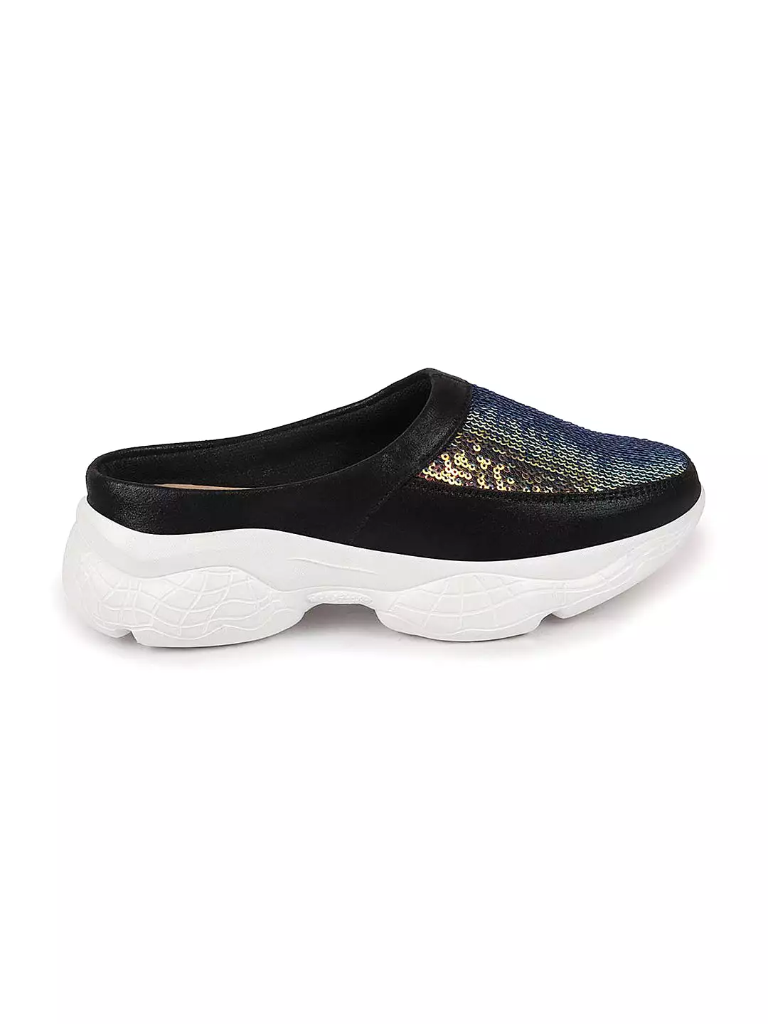 Women Black Back Open Embellished Slip On Mules