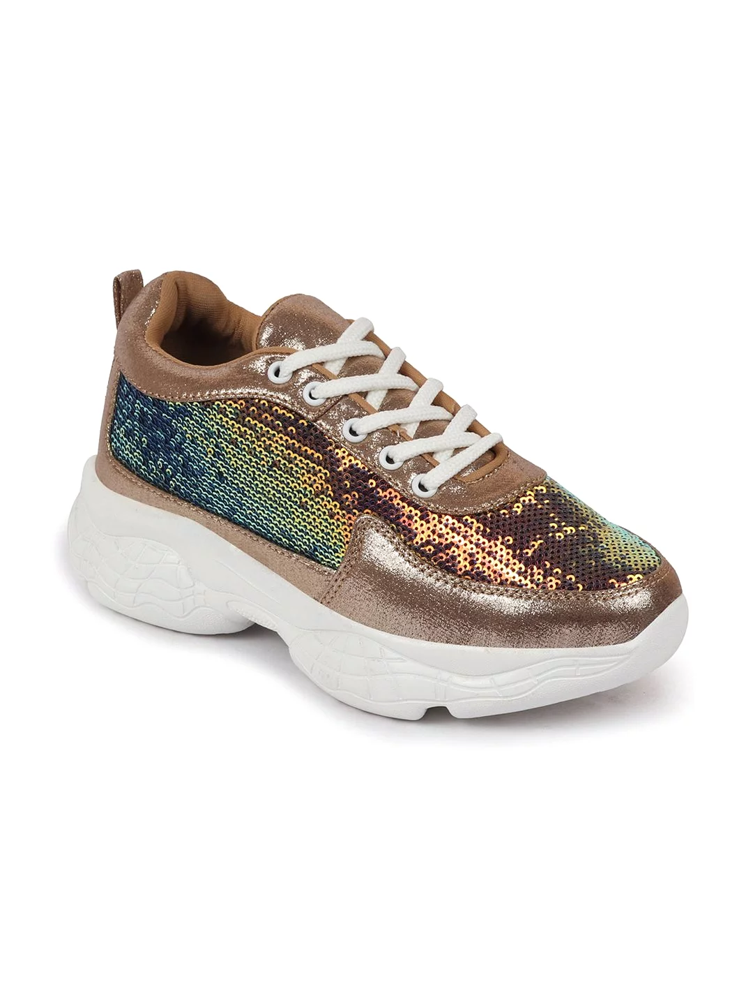 Women Golden Stylish Lace Up Embellished Sneakers