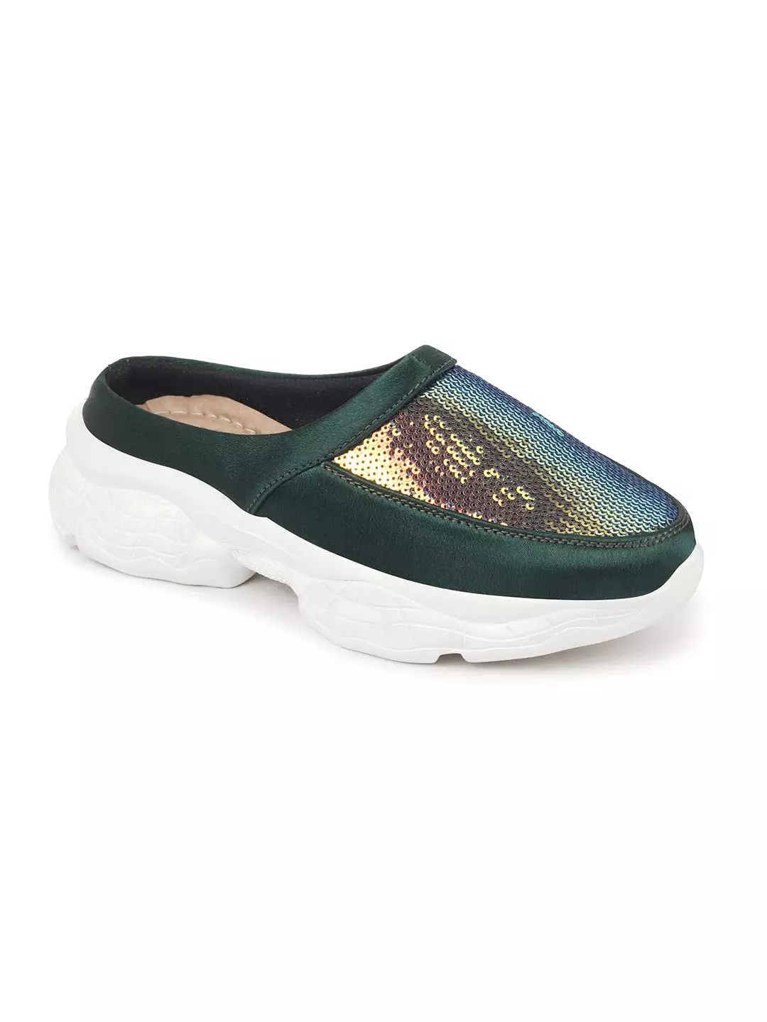 Women Green Back Open Embellished Slip On Mules