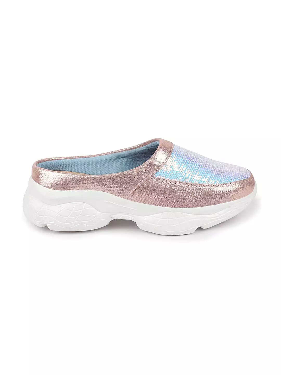 Women Pink Back Open Embellished Slip On Mules