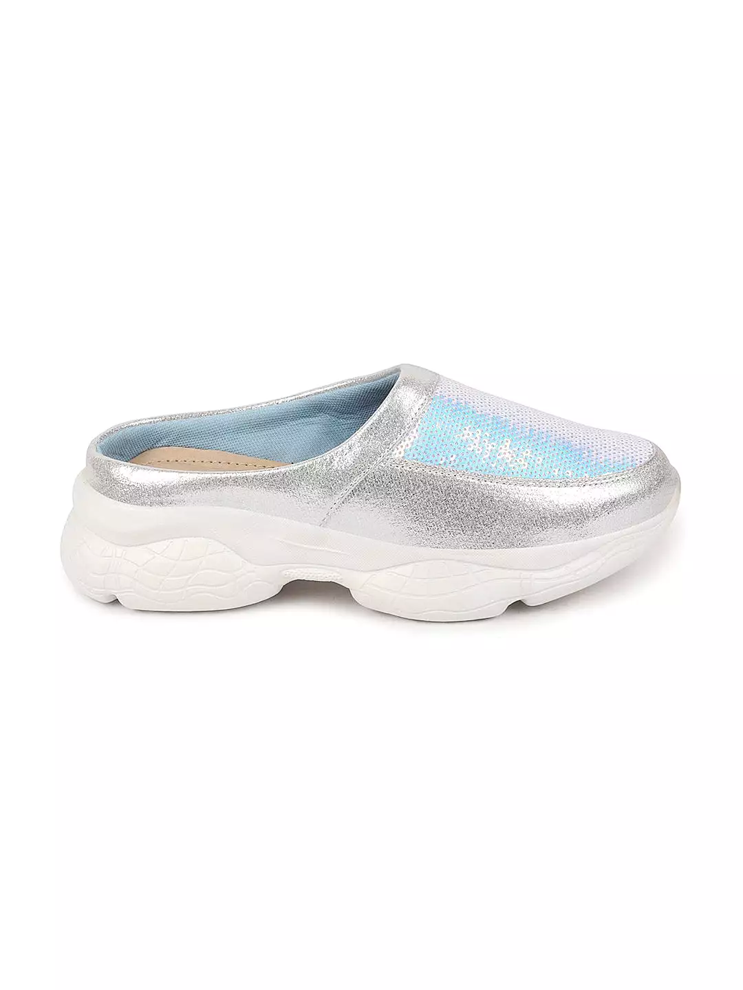 Women Silver Back Open Embellished Slip On Mules