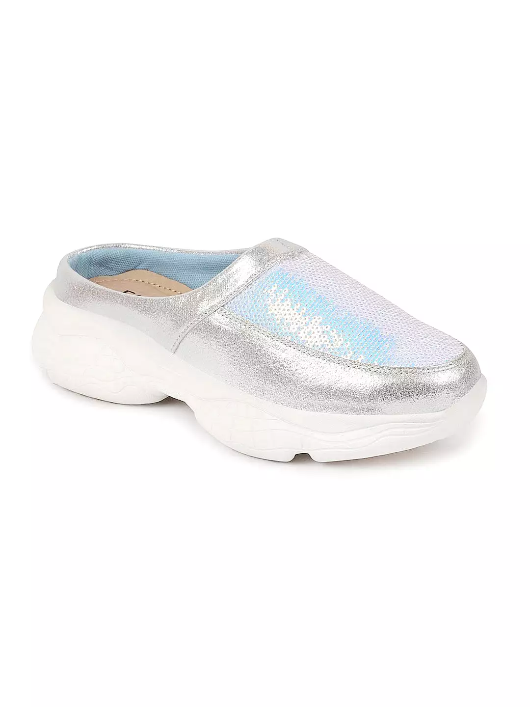 Women Silver Back Open Embellished Slip On Mules