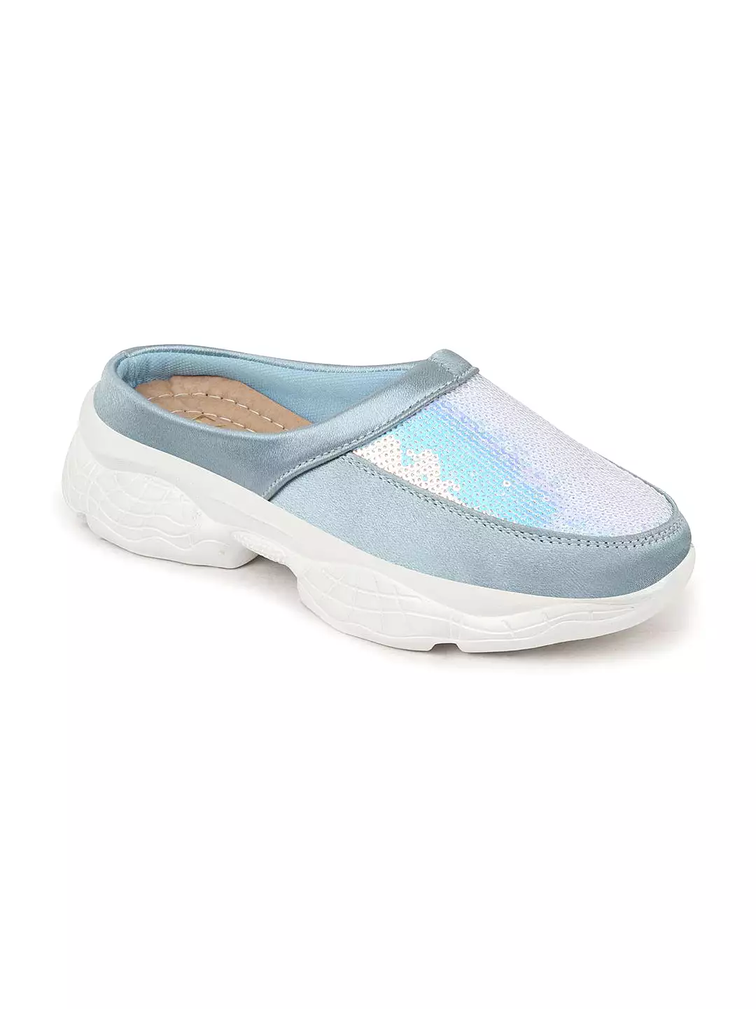 Women Sky Blue Back Open Embellished Slip On Mules