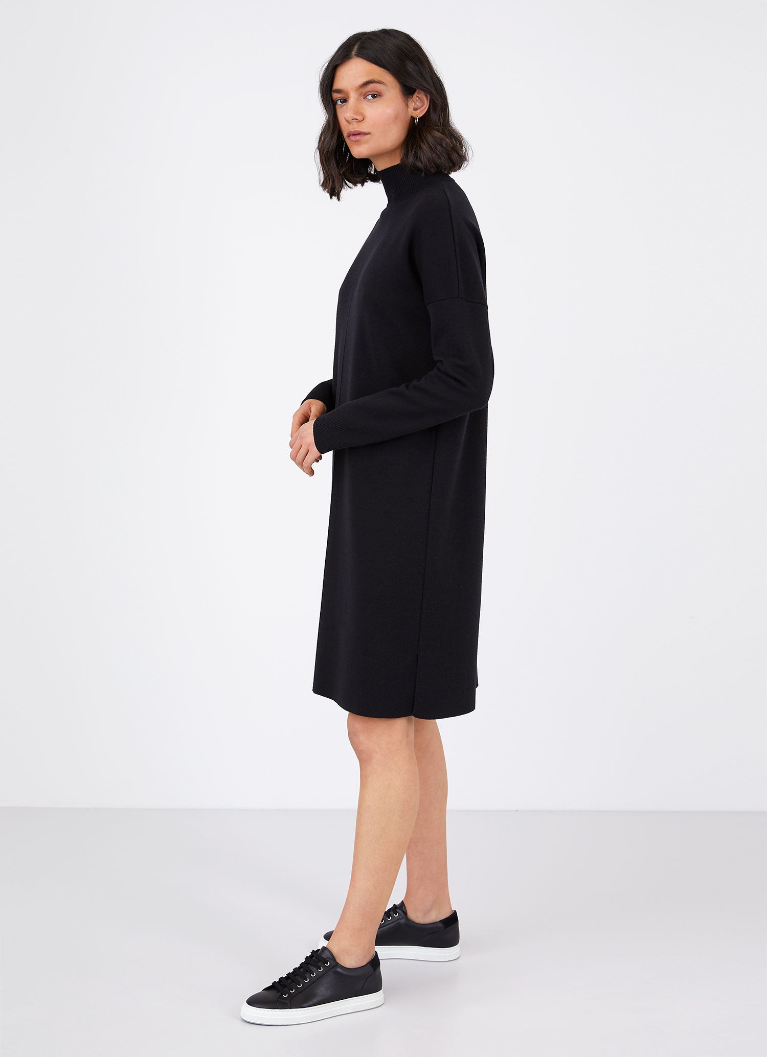 Women's Merino Funnel Neck Dress in Black